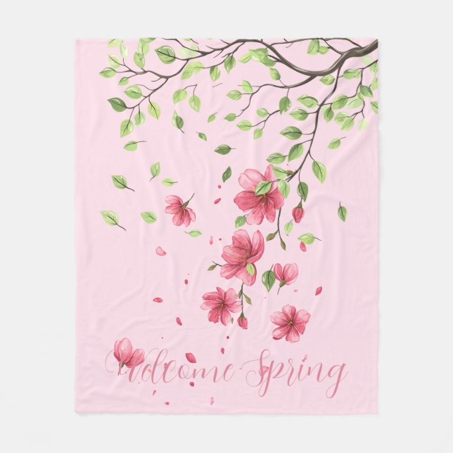 Welcome Spring with Romantic Pink Cherry Blossom Fleece Blanket (Front)