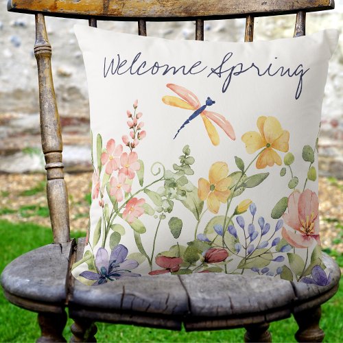 Welcome Spring with Wildflowers and Dragonfly Throw Pillow