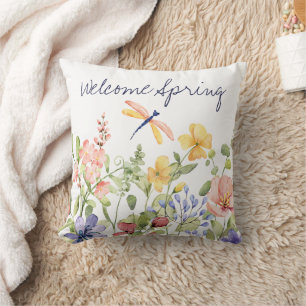 Welcome Spring with Wildflowers and Dragonfly Throw Pillow
