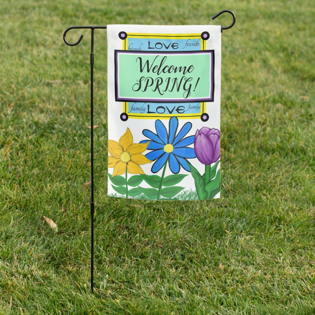 Welcome Spring Yellow Blue Purple Flowers Garden Flag | Zazzle