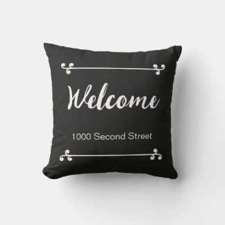 Welcome Street Address Decorative Black Outdoor Pillow