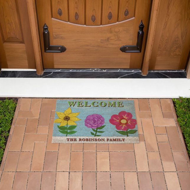 Welcome Summer Flowers Family Name Fiber Doormat (Insitu (Outdoor))