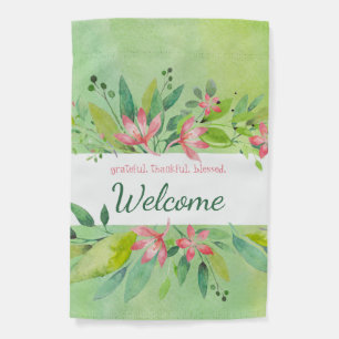 Welcome Summer Green & Pink Floral Garden Flag