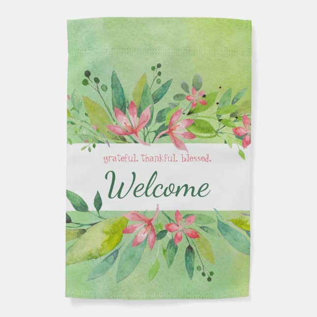 Welcome Summer Green & Pink Floral Garden Flag (Front)