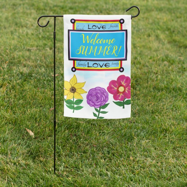 Welcome Summer Yellow Purple Fuchsia Flowers Garden Flag (In SItu)