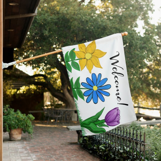 Welcome Sunflower Blue Daisy Purple Tulip  House Flag (In SItu)