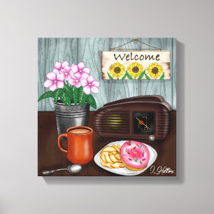 Welcome, Sunflowers, Donuts and Coffee Canvas Print