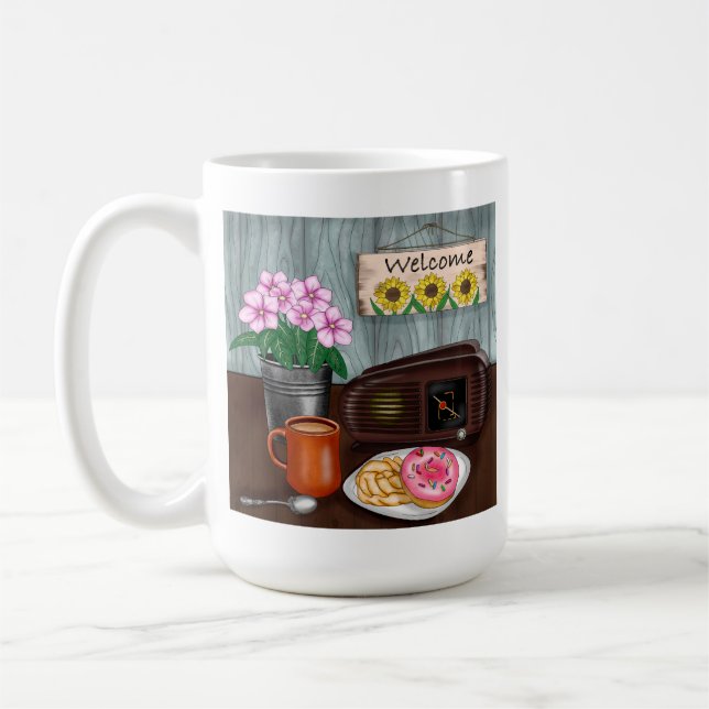 Welcome, Sunflowers, Donuts and Coffee Coffee Mug (Left)