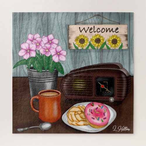 Welcome Sunflowers Donuts and Coffee Jigsaw Puzzle