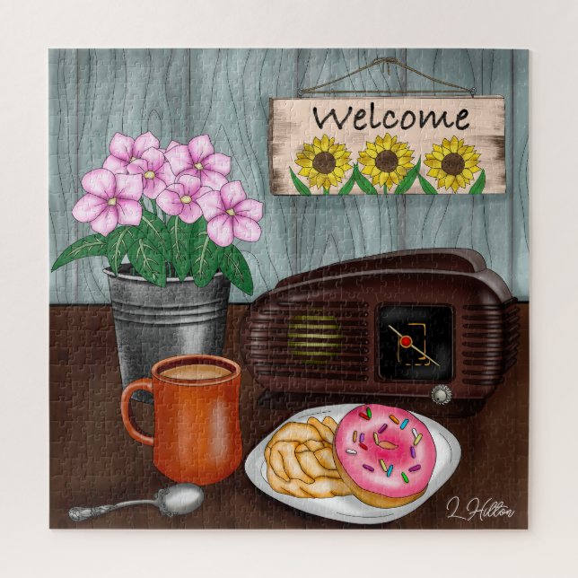 Welcome, Sunflowers, Donuts and Coffee Jigsaw Puzzle (Vertical)