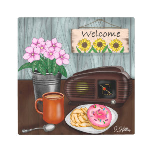 Welcome, Sunflowers, Donuts and Coffee Metal Print