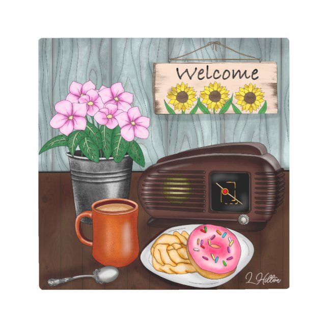 Welcome, Sunflowers, Donuts and Coffee Metal Print (Front)