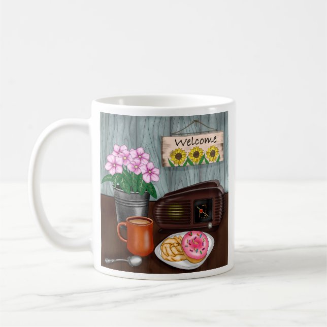 Welcome, Sunflowers, Donuts and Coffee Mug (Left)
