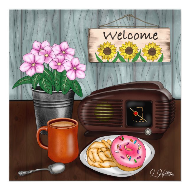 Welcome, Sunflowers, Donuts and Coffee Photo Print (Front)