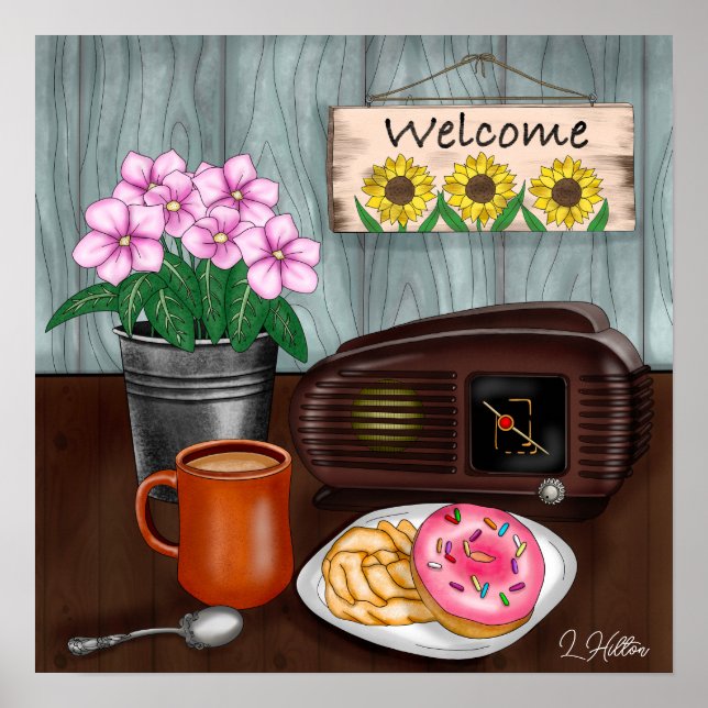 Welcome, Sunflowers, Donuts and Coffee Poster (Front)