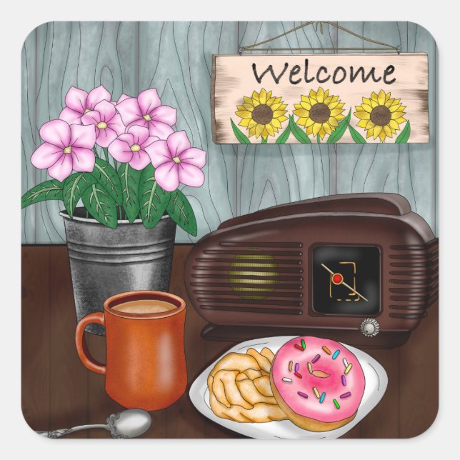Welcome, Sunflowers, Donuts and Coffee Square Sticker (Front)