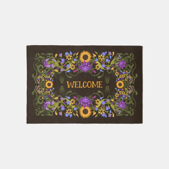 Welcome Sunflowers Folkart Beautiful Outdoor Rug (Front)
