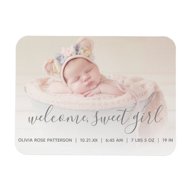 Welcome, Sweet Girl Photo Baby Announcement Magnet (Horizontal)
