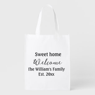 Welcome sweet home add family name year Est. Text Grocery Bag