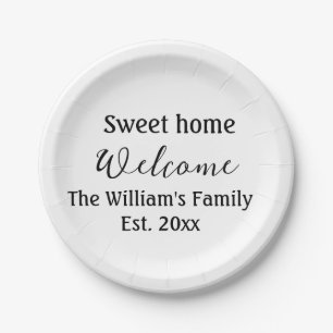 Welcome sweet home add family name year Est. Text Paper Plates