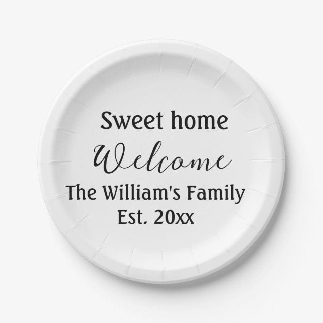 Welcome sweet home add family name year Est. Text  Paper Plates (Front)