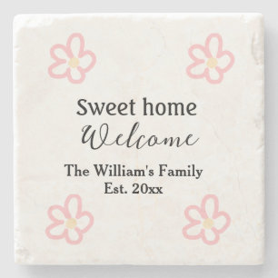 Welcome sweet home add family name year Est. Text Stone Coaster
