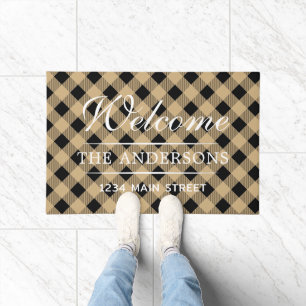 Welcome Tan Plaid Pattern Personalized Family Doormat