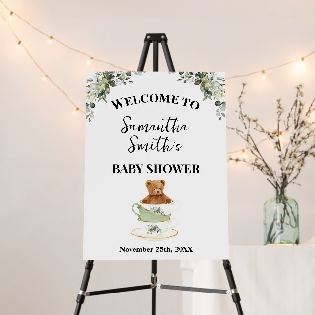 Welcome Tea Baby Shower Bear Eucalyptus Greenery Foam Board (In Situ (Stand))
