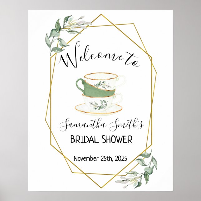Welcome Tea bridal shower greenery gold frame sign (Front)