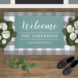 Welcome Teal Blue Green Family Name Address Doormat