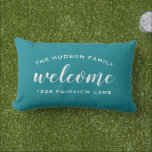 Welcome Teal Blue Personalized Family Name Address Lumbar Pillow<br><div class="desc">Simply stylish lumbar throw pillow feature "Welcome" modern script text in white with custom arched text that can be personalized with your family's last name monogram and your street address. Two sided design on the front and back included. The white text and teal green blue background can be modified to...</div>