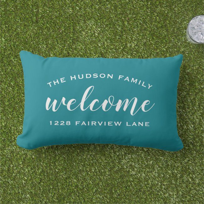 Welcome Teal Blue Personalized Family Name Address Lumbar Pillow