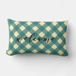 WELCOME - TEAL GINGHAM LUMBAR PILLOW