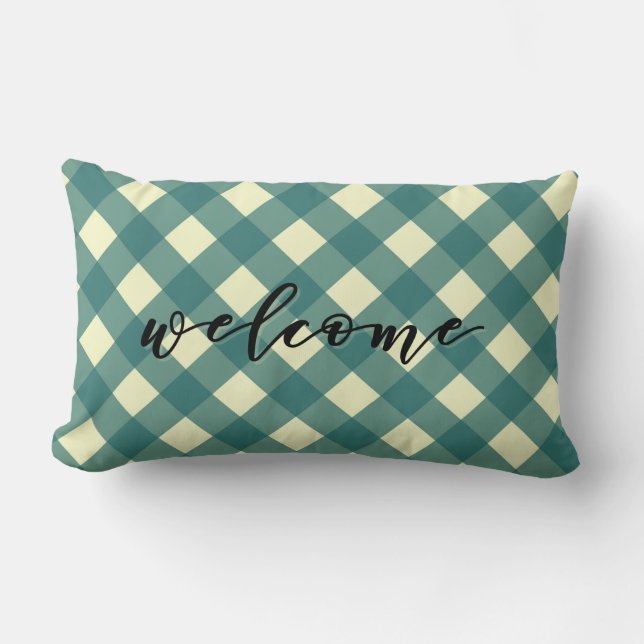 WELCOME - TEAL GINGHAM LUMBAR PILLOW (Front)