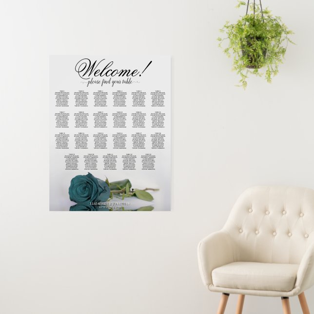 Welcome! Teal Rose 23 Table Wedding Seating Chart Foam Board (In Situ (Wall))