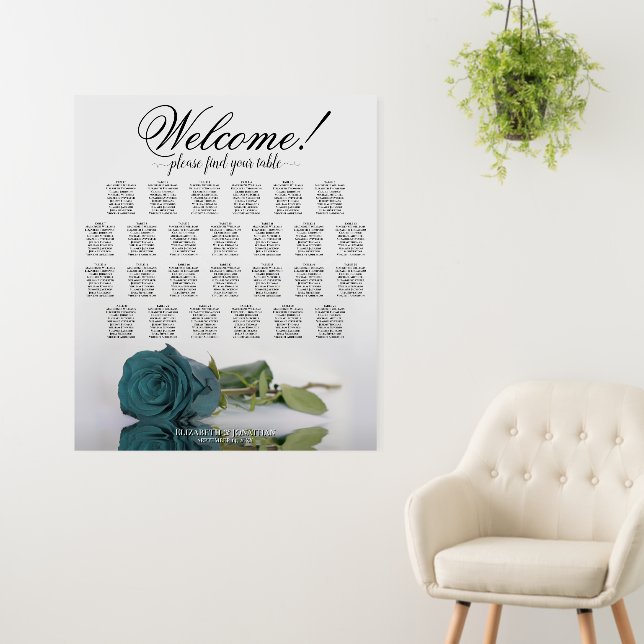 Welcome! Teal Rose 26 Table Wedding Seating Chart Foam Board (In Situ (Wall))