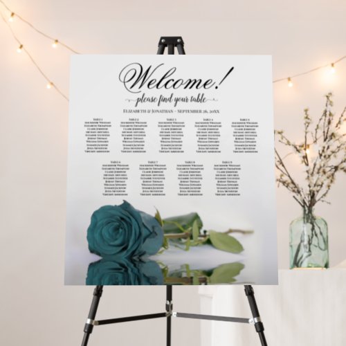 Welcome Teal Rose Elegant 9 Table Seating Chart Foam Board