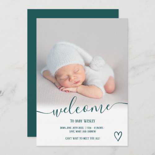 Welcome teal script heart photo boy baby birth announcement