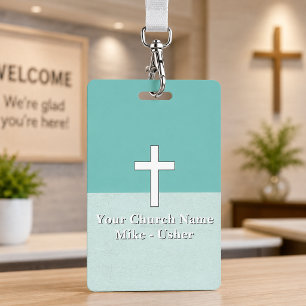 Welcome Teal Vertical Christian Church Usher Badge