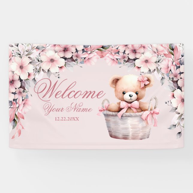Welcome Teddy Bear Baby Girl Pink Flowers Party Banner (Horizontal)