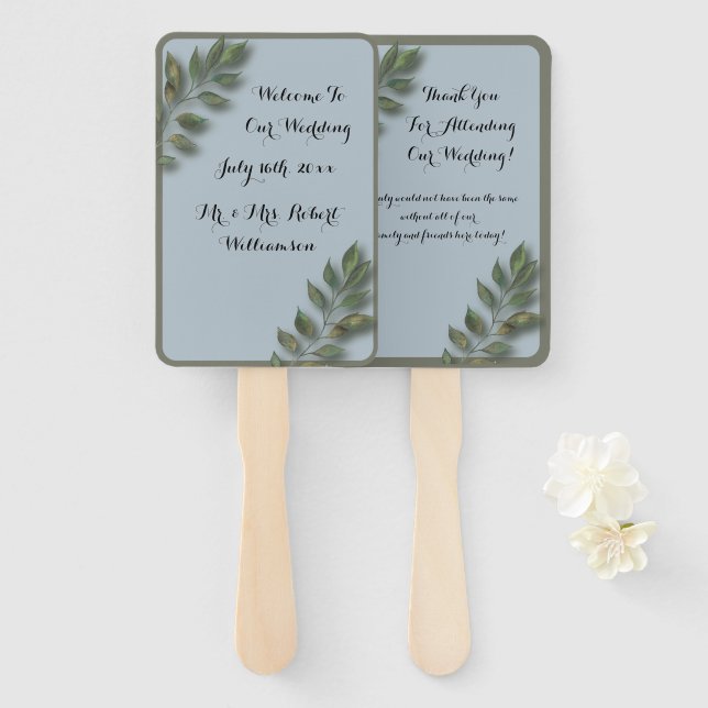 Welcome & Thank You Wedding Guests Elegant Leaf Hand Fan (Front and Back)