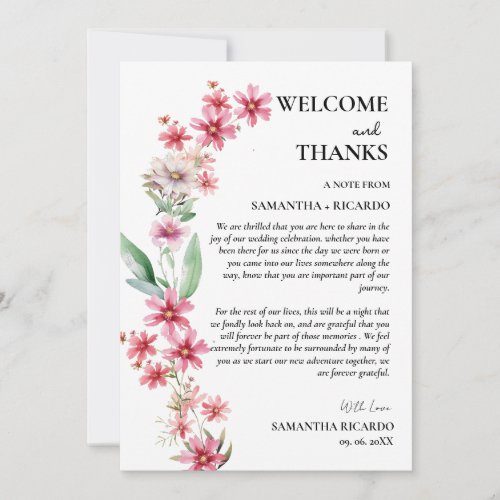 Welcome  thanks floral wedding guest table Card