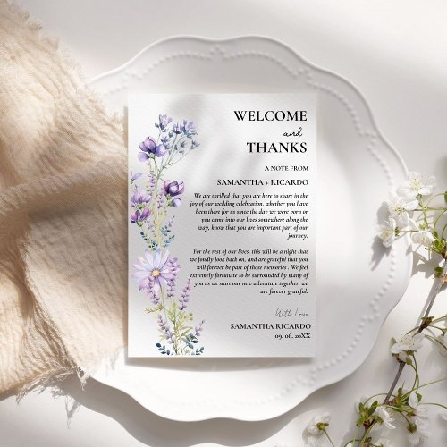 Welcome  thanks floral wedding guest table Card