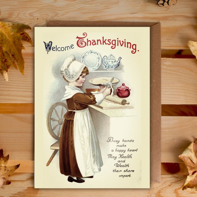 Welcome Thanksgiving Vintage Pilgrim Girl Custom Holiday Card (Welcome Thanksgiving Vintage Pilgrim Girl Custom Holiday Card)