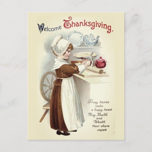 Welcome Thanksgiving Vintage Pilgrim Girl  Postcard