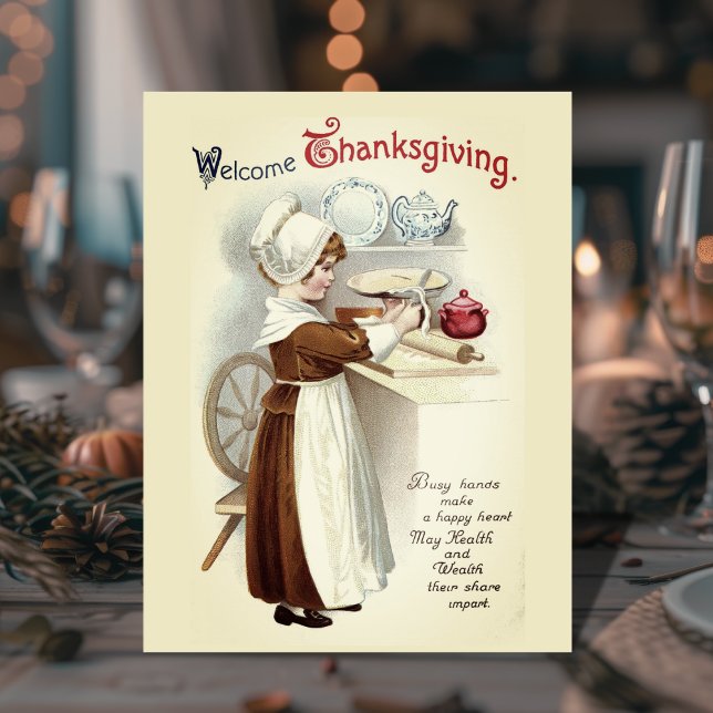 Welcome Thanksgiving Vintage Pilgrim Girl  Postcard (Welcome Thanksgiving Vintage Pilgrim Girl Postcard)