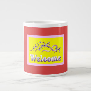 Welcome themed colors silver red yellow with words giant coffee mug