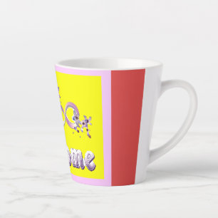 Welcome themed colors silver red yellow with words latte mug