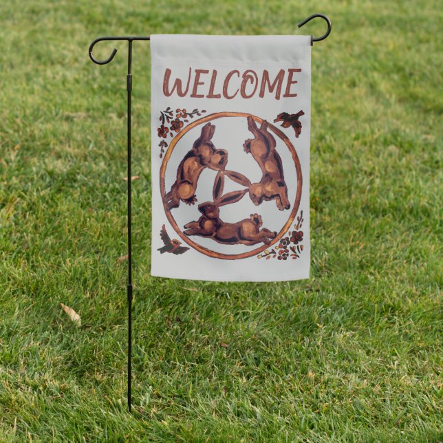 Welcome Three Hares Rabbit Gray Brown Whimsical Garden Flag (In SItu)