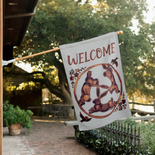 Welcome Three Hares Rabbit Gray Brown Whimsical House Flag